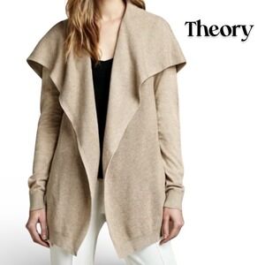 Theory Winxie B Cashcotton Knit Cardigan Sweater Women's M Beige Quiet Luxury